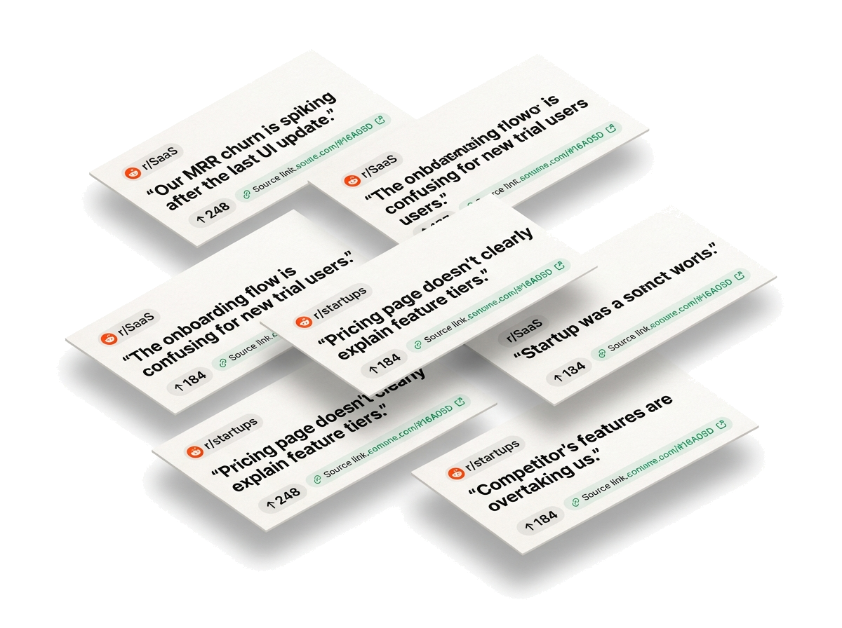 Nexify evidence research desk: real Reddit threads with subreddit labels, upvote counts, and direct source links you can open