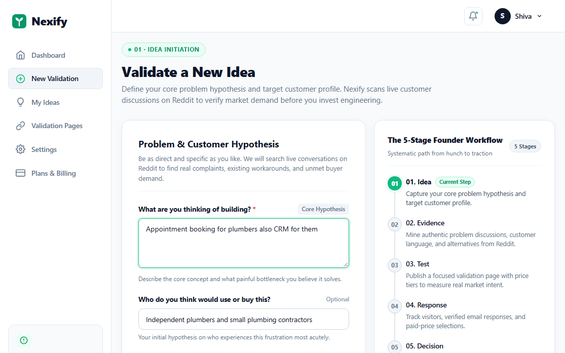 Nexify idea initiation screen showing the problem and customer hypothesis input