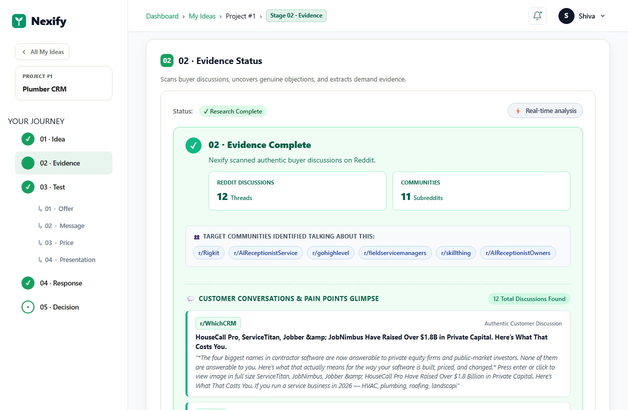 Nexify Evidence stage showing customer discussions from Reddit