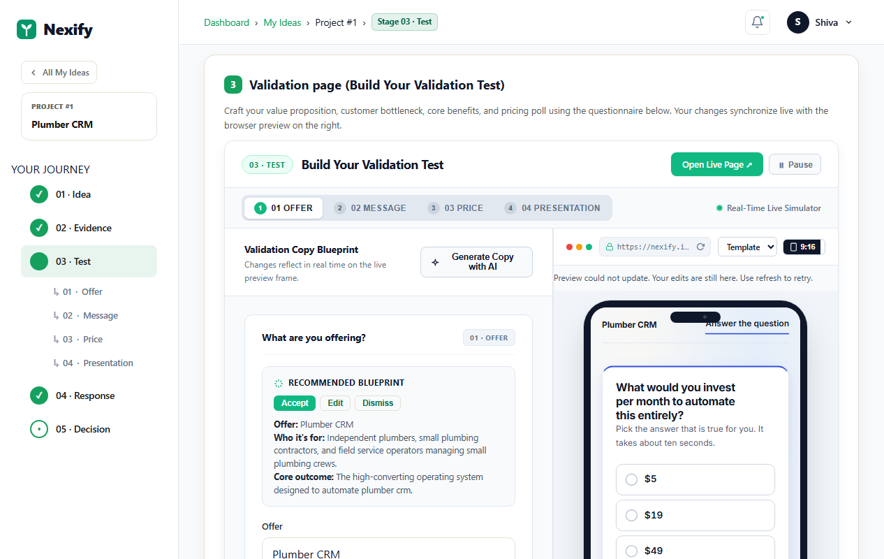Nexify Test builder showing the 4-step blueprint editor and live validation simulator