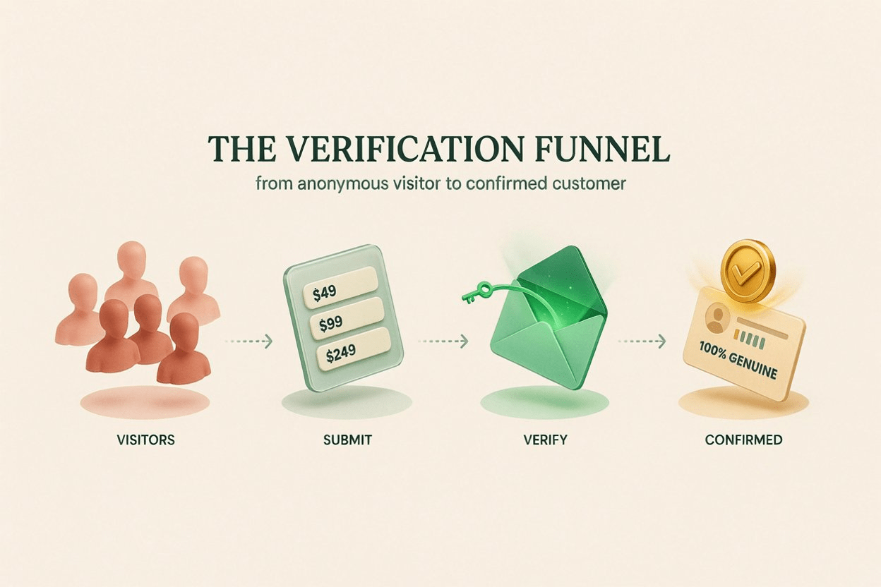 Nexify double opt-in email verification funnel: Visitor → Response → Link sent → Verified response